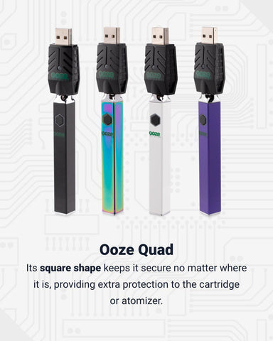 4 Ooze Quad square vape batteries are lined up together with the smart USB chargers attached. From left to right the colors are black, rainbow, white, and purple. Below is text explaining why these batteries are category killers.