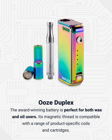 The rainbow Ooze Duplex Dual Extract Vape battery is shown with all the accessories displayed to the left. These include a wax atomizer that is open and an empty chrome oil cartridge. The trigger button has been removed to reveal the temperature levels underneath. Below is text explaining the function of the device.