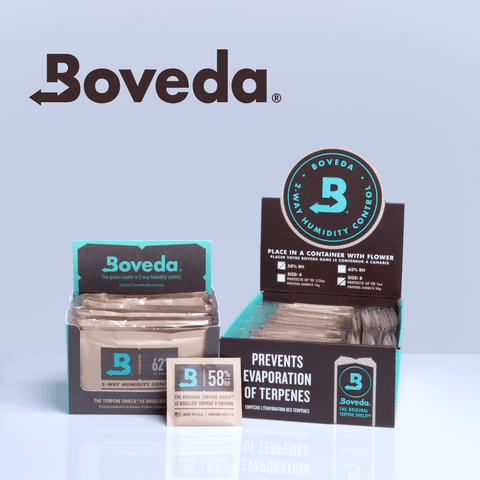 Two displays of Boveda humidity control packs are paired together with a single small Boveda pack in front