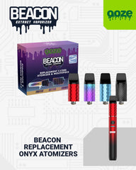 A red and black Ooze Beacon is below all 4 colors of replacement atomizers + mouthpieces. The package is in the back.