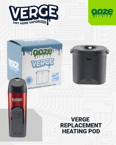 A midnight sun Ooze Verge dry herb vape is below a replacement heating pod and its packaging