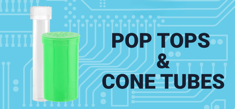 A Pop Tops & Cone Tubes graphic shows a glass blunt tube with a white cap behind a green pop top vial.