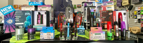 A display shelf with all the Ooze C-Core devices shown with their replacement parts in the Cannatron showroom