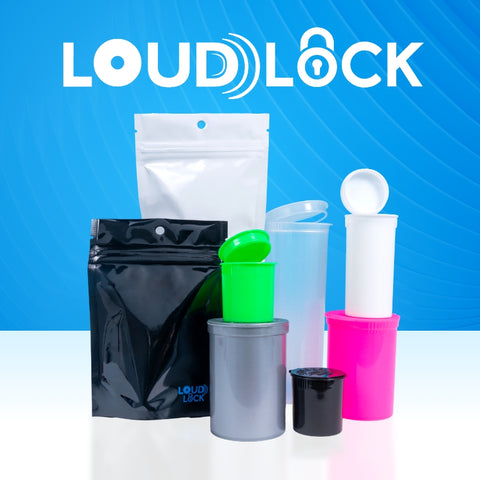 A group of Loud Lock pop top vials and mylar bags are arranged in a family shot