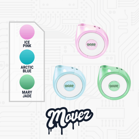 The 3 new colors of the Ooze Movez speaker vape are shown with color swatches to the left. Ice Pink, Arctic Blue, and Mary Jade