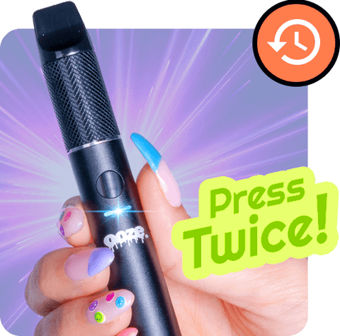 A black Ooze Beacon is being held up with the LED light on to show that the device is heating and is in Sesh Mode. The graphic says "Press Twice!" to activate.