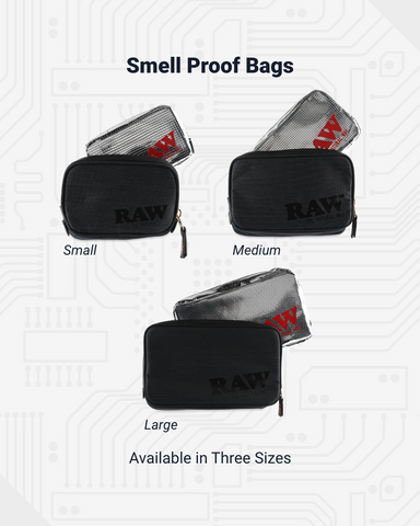 The black RAW Smoker's Pouch in all three sizes. The inner foil pouch is pulled out on an angle to show that it is tucked inside the black bag. 