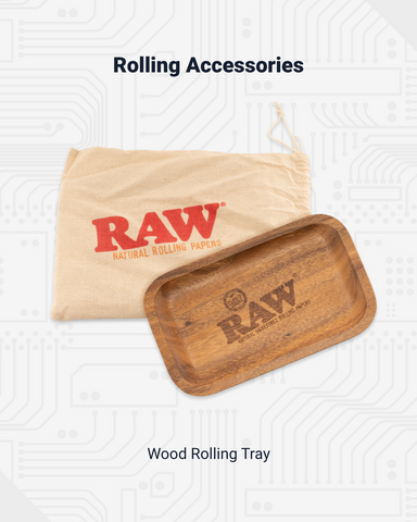 The RAW Wood rolling tray is displayed on an angle in front of the canvas drawstring protective pouch.