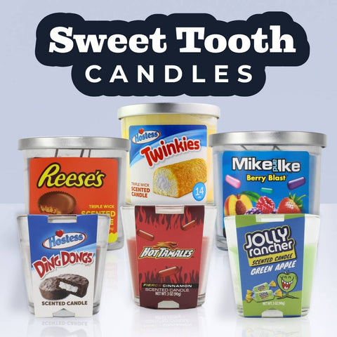 A square graphic shows 3 14oz triple wick and 3 3oz tumbler candles with the Sweet Tooth Candles logo across the top