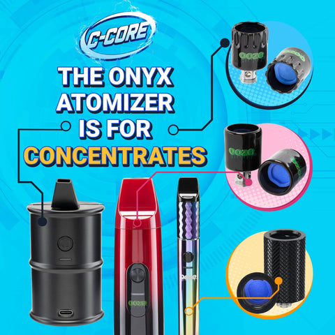 A blue graphic shows three Ooze devices with their Onyx Atomizers (Electro Barrel, Booster, and Beacon) and says The Onyx Atomizer is for Concentrates.