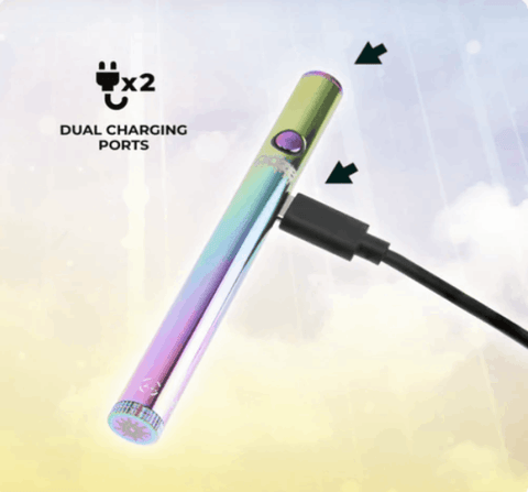 A rainbow Ooze Twist Slim pen 2.0 is shown with the dual charging ports pointed out to show that it is a reusable device