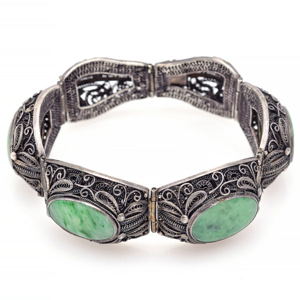 Vintage Chinese Silver Green Jade Filigree Bracelet 47.2 Grams 