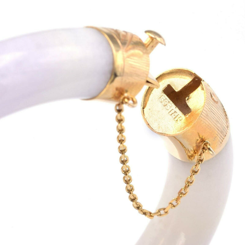 Vintage 14K Yellow Gold Lavender & White Jade Hinged Bangle Bracelet