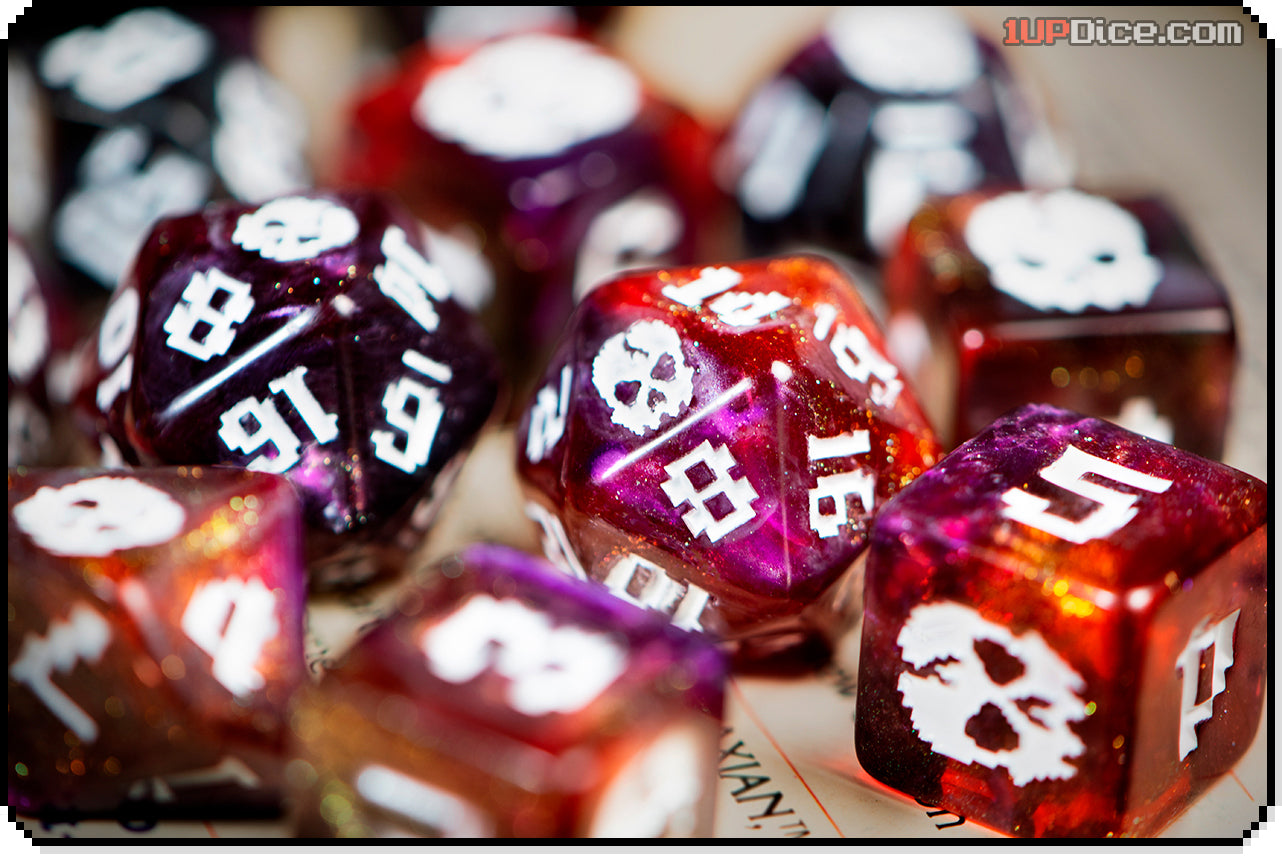 Cackling Skull polyhedral dice macro photo