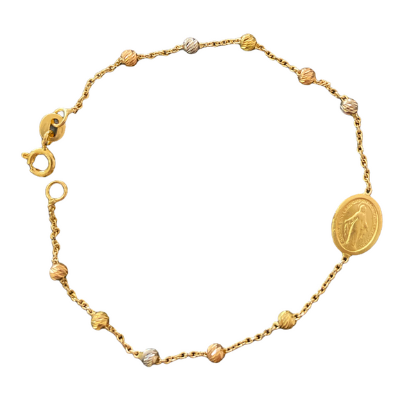 18k Solid Gold Beads tri tones  Mary Miraculous Medal Bracelet
