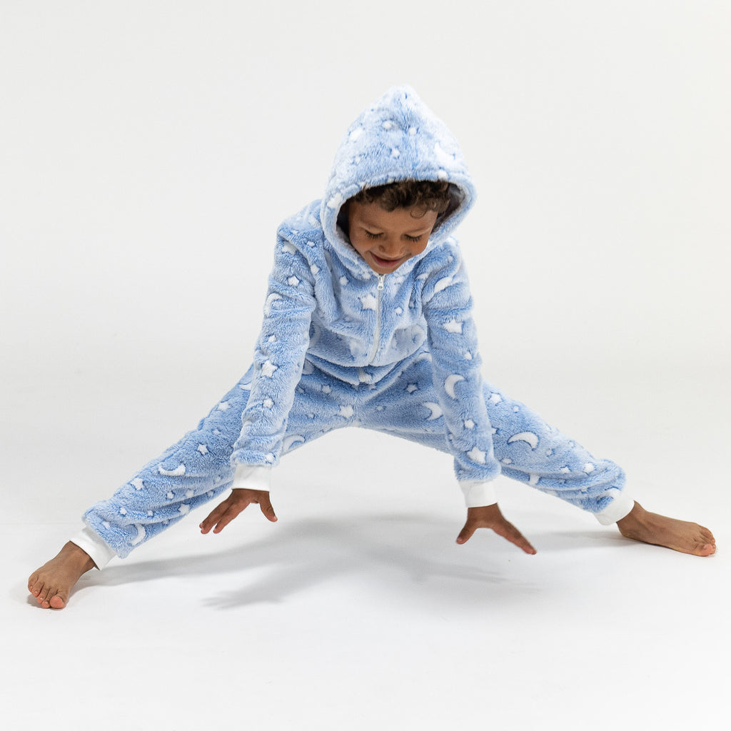 barst Toepassen Een nacht Fleece-onesie voor Kinderen Maan en Sterren, 5-10 jaar oud, Blauw / Wit–  Big Bertha Original NL
