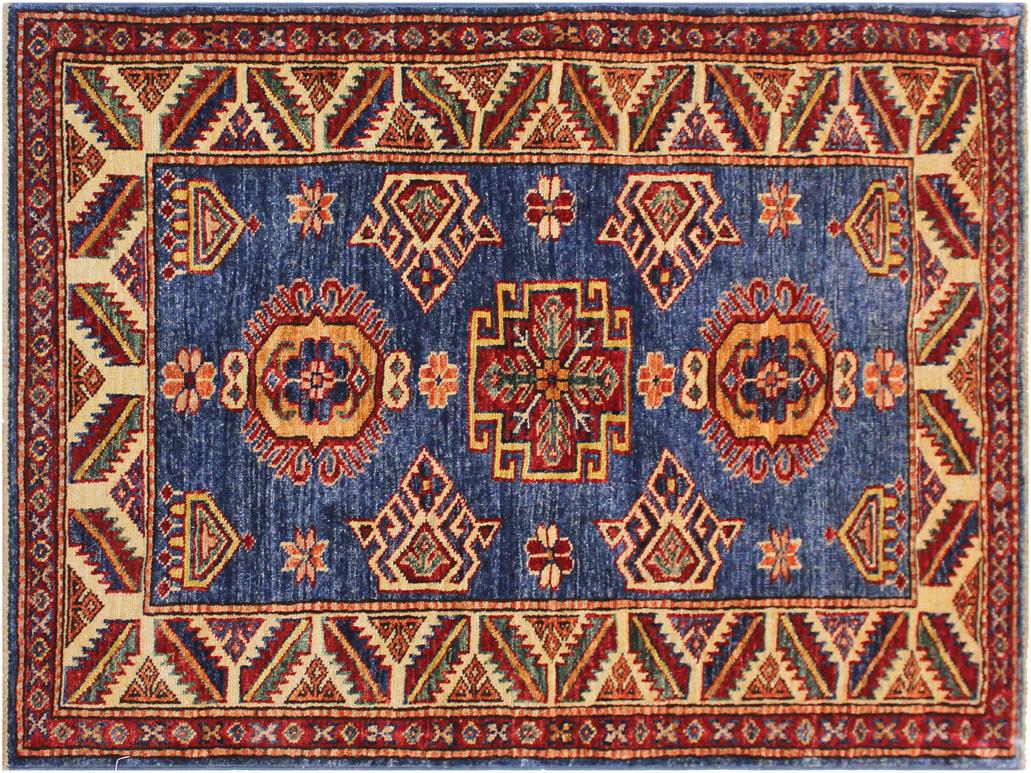 3x4 Geometric Area Rug Handknotted Kazak Natural Dyes Wool Rug