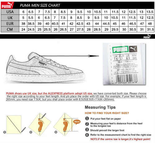 puma sneaker size chart