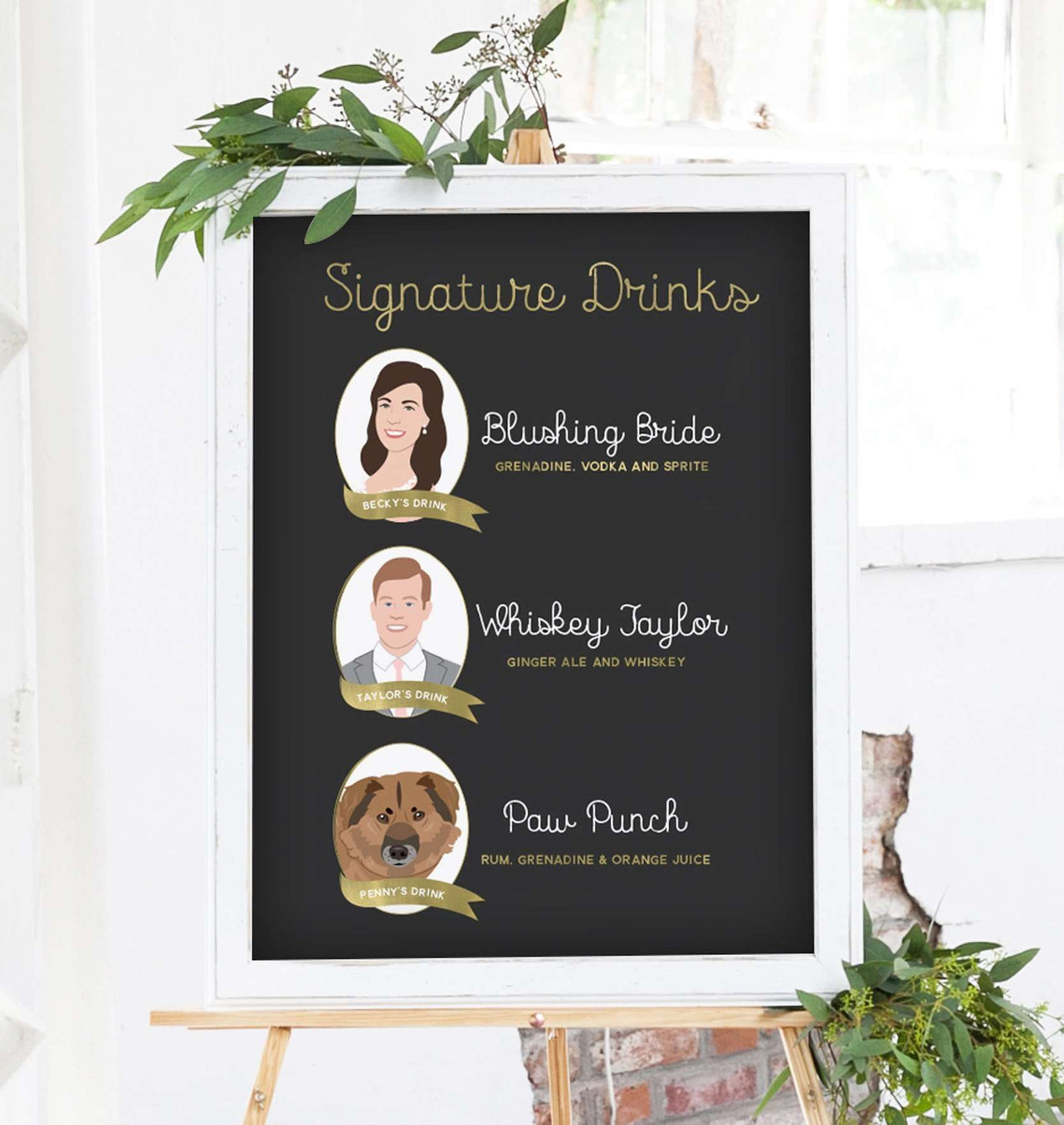 Digital Signature Cocktail Wedding Sign Three Portraits