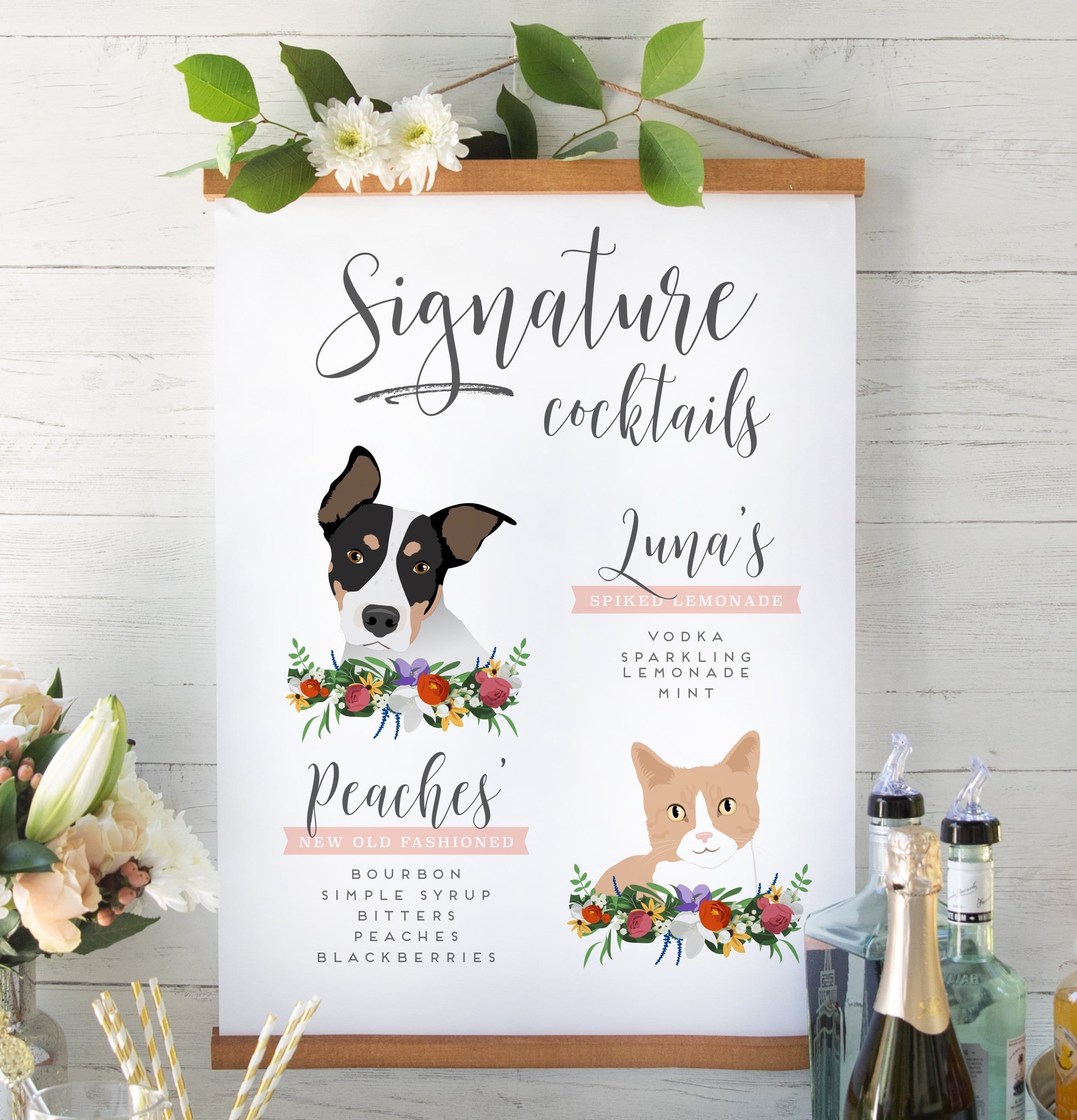 Signature Cocktail Wedding Sign Two Pet Portraits Floral