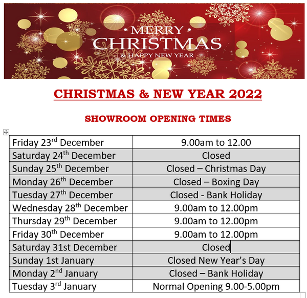 Christmas 2022 Showroom Opening Times