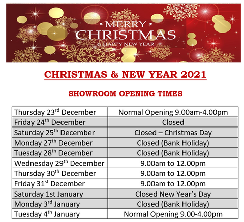 Christmas 2021 Showroom Opening Hours