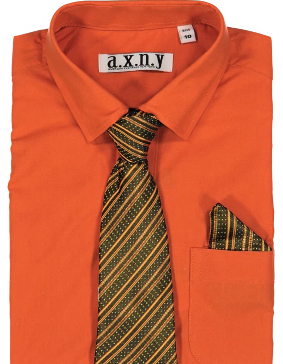 Boys Dress Shirt with Matching Tie and Hanky in Dark Orange