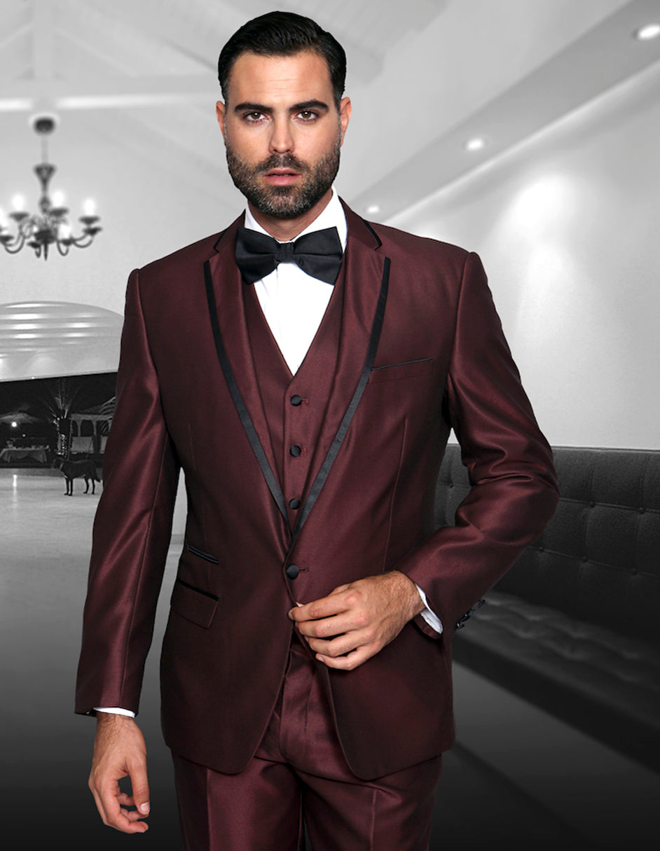 Mens One Button Satin Trim Notch Prom Tuxedo in Shiny Burgundy Sharkskin