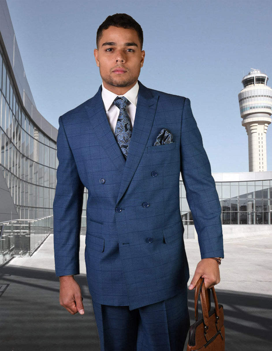 Mens Double Breasted Wool Suit in Indigo Windowpane