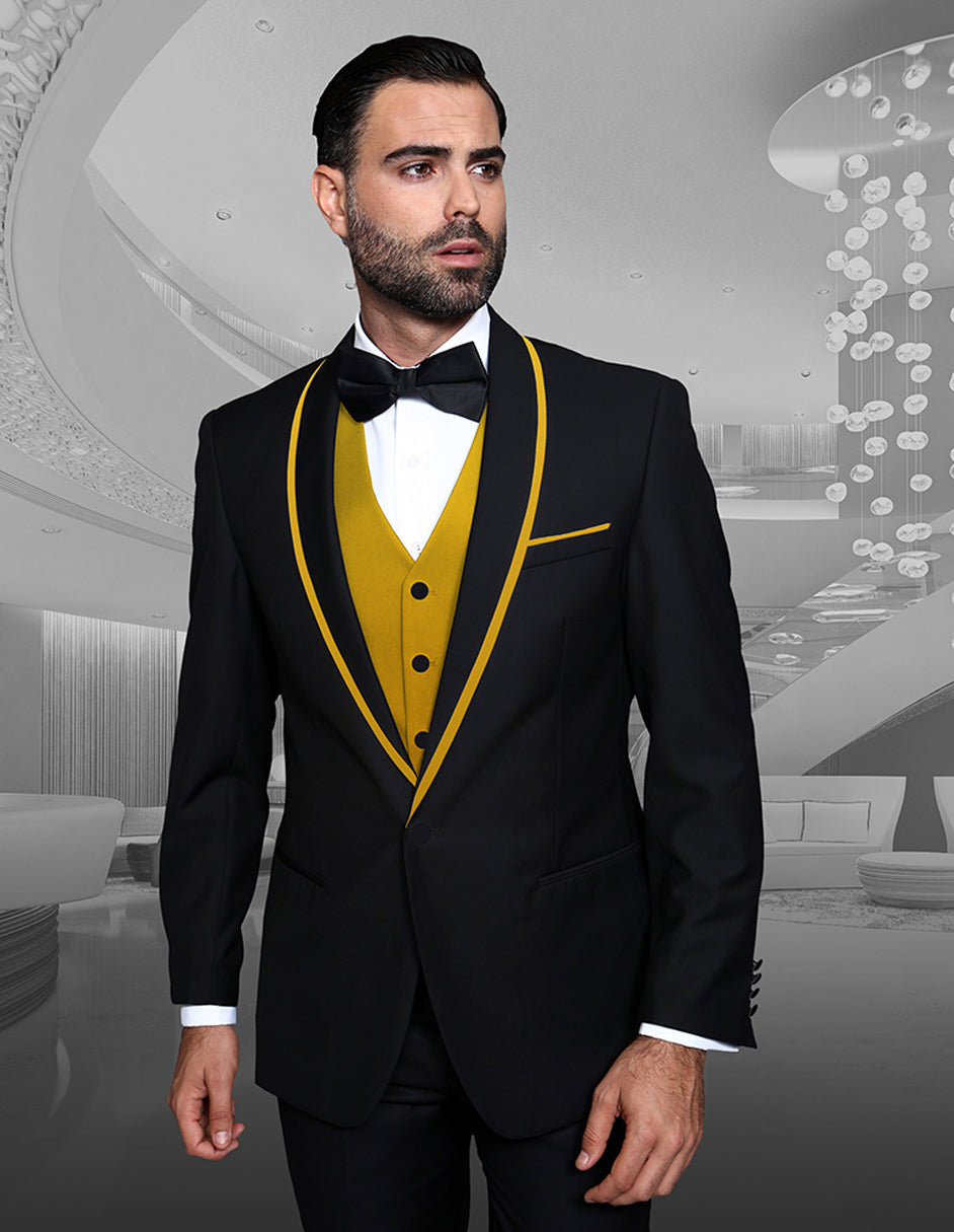 Mens Vested Wool Tuxedo in Shawl Lapel with Satin Trim in Black & Gold