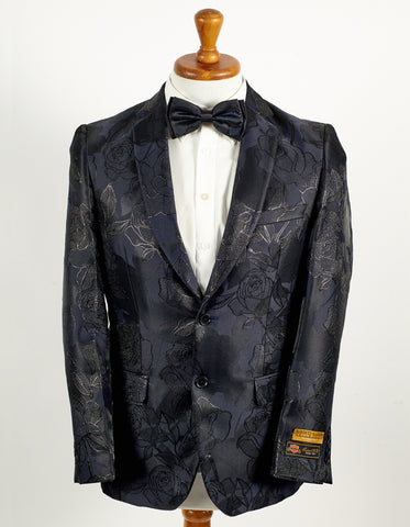 Mens 2 Button Shiny Black & Navy Floral Paisley Prom & Wedding Blazer