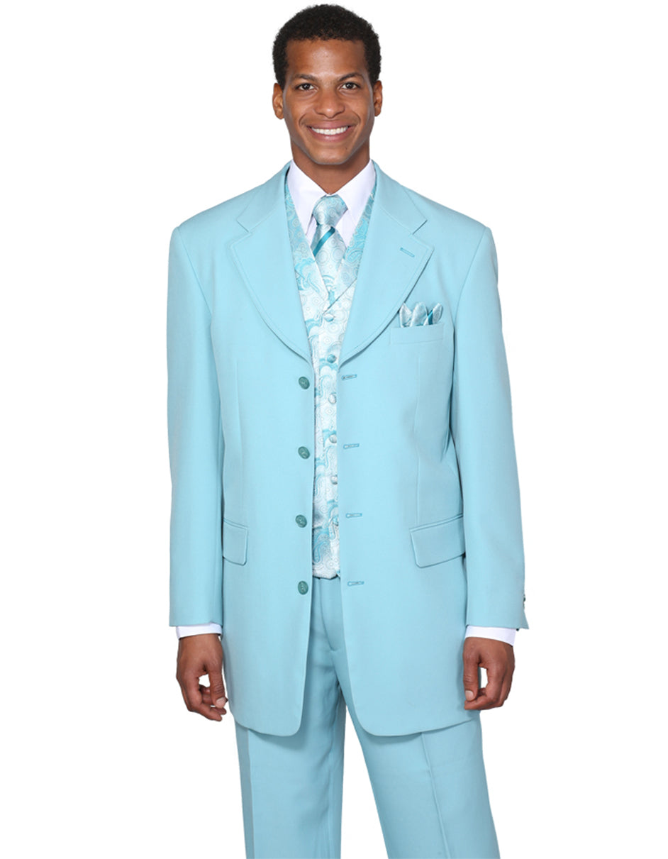 Mens 4 Button Wide Notch Lapel Fashion Zoot Suit in Aqua Blue