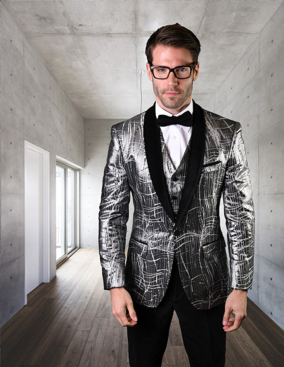 Mens One Button Organic Print Shiny Prom Tuxedo in Silver Grey