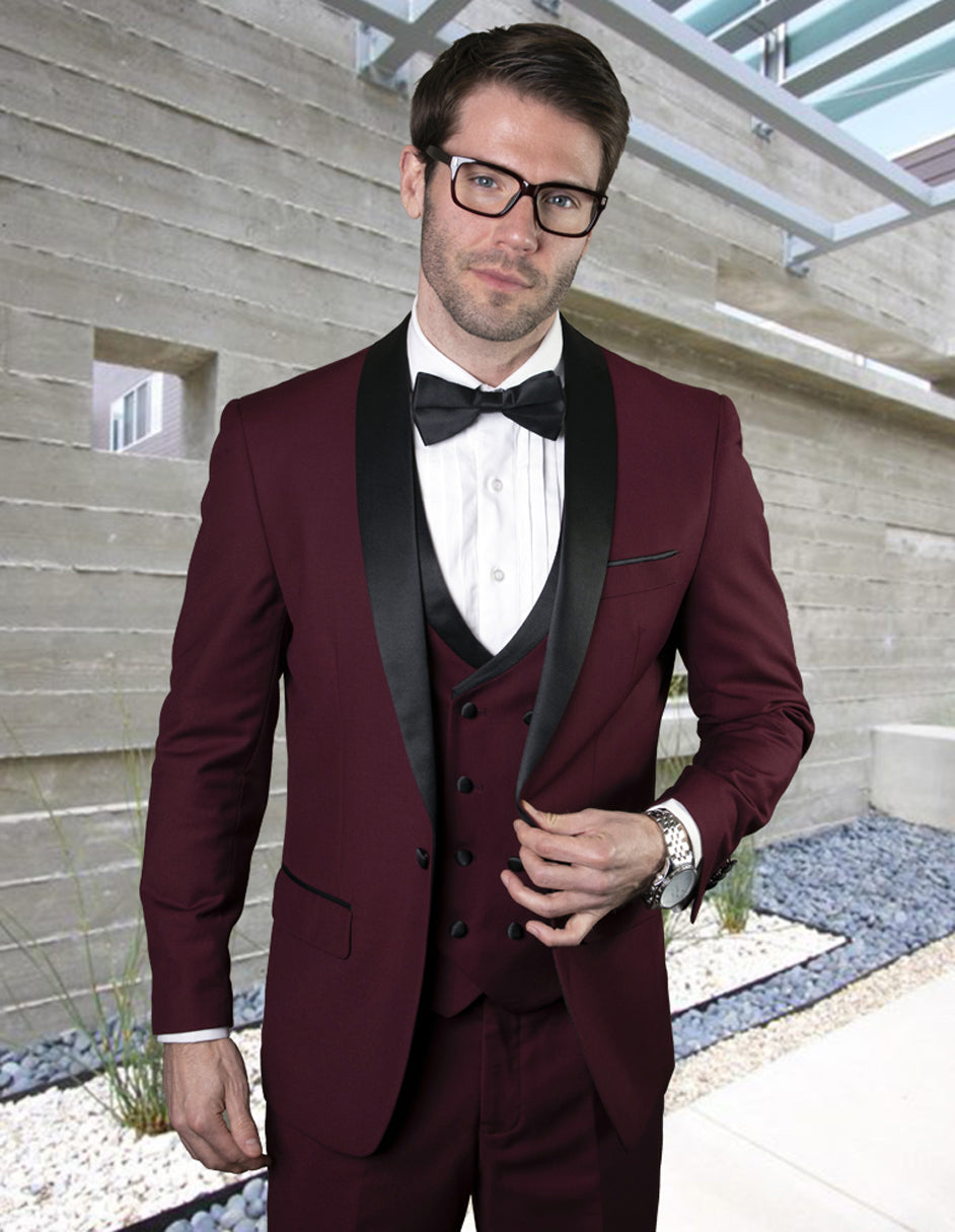 Mens Wool One Button Shawl Tuxedo with Double Breasted Vest in Burgund