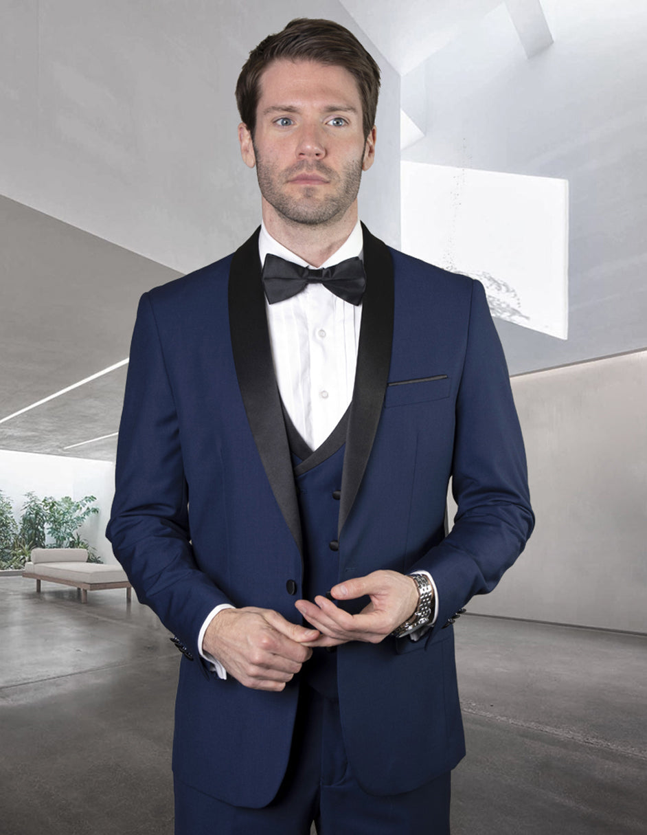 Mens Wool One Button Shawl Tuxedo with Double Breasted Vest in Sapphir