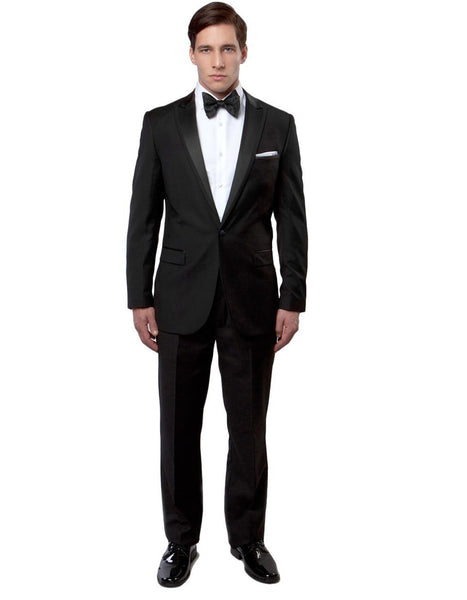 Mens Modern Fit 1 Button Peak Trim Wool Tuxedo in Black