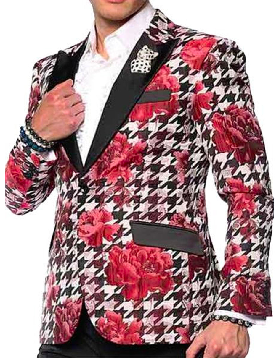 Mens White & Black Houndstooth and Red Rose Floral Prom Blazer