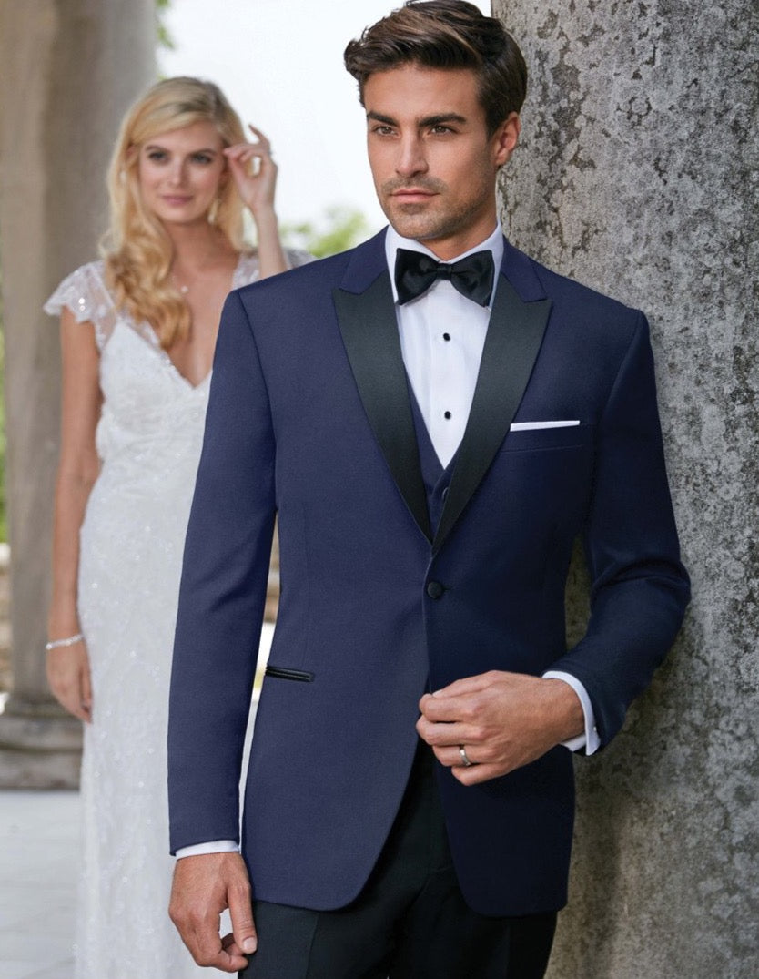 Mens Vested Shawl Lapel Tuxedo With Satin Trim in Sapphire Blue