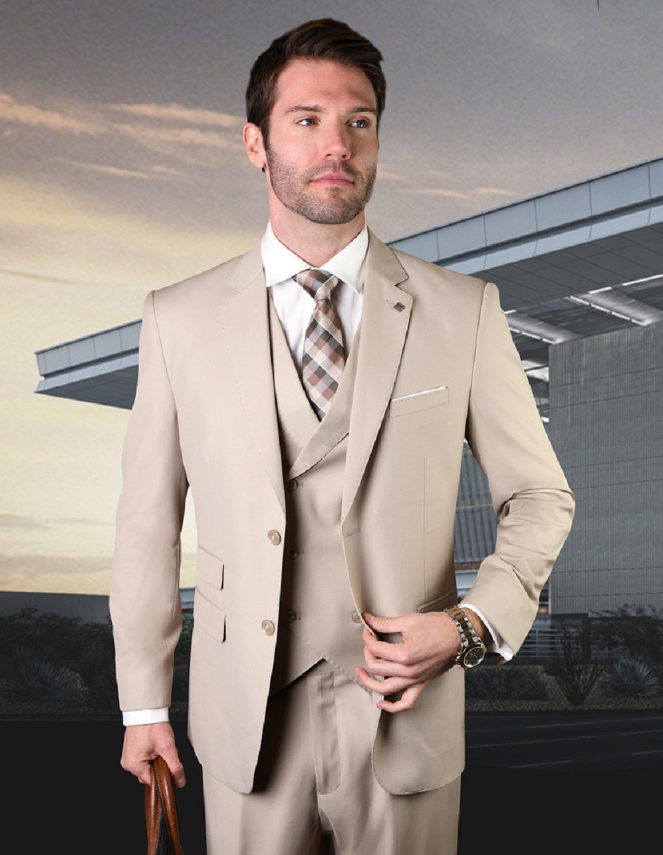 Mens 2 Button Modern Fit Vested Wool Suit in Caramel