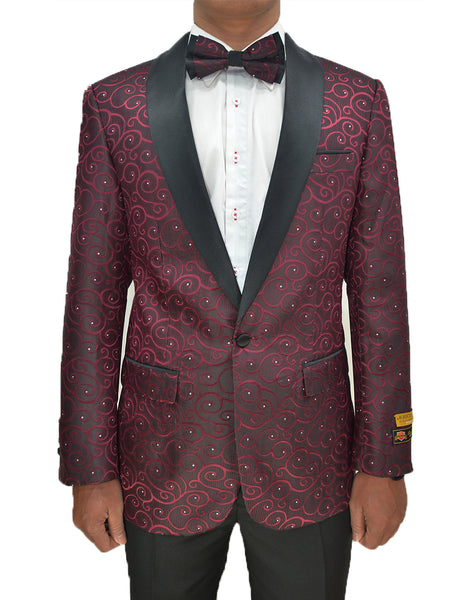 Mens Swirl & Diamond Pattern Tuxedo Jacket in Burgundy & Black
