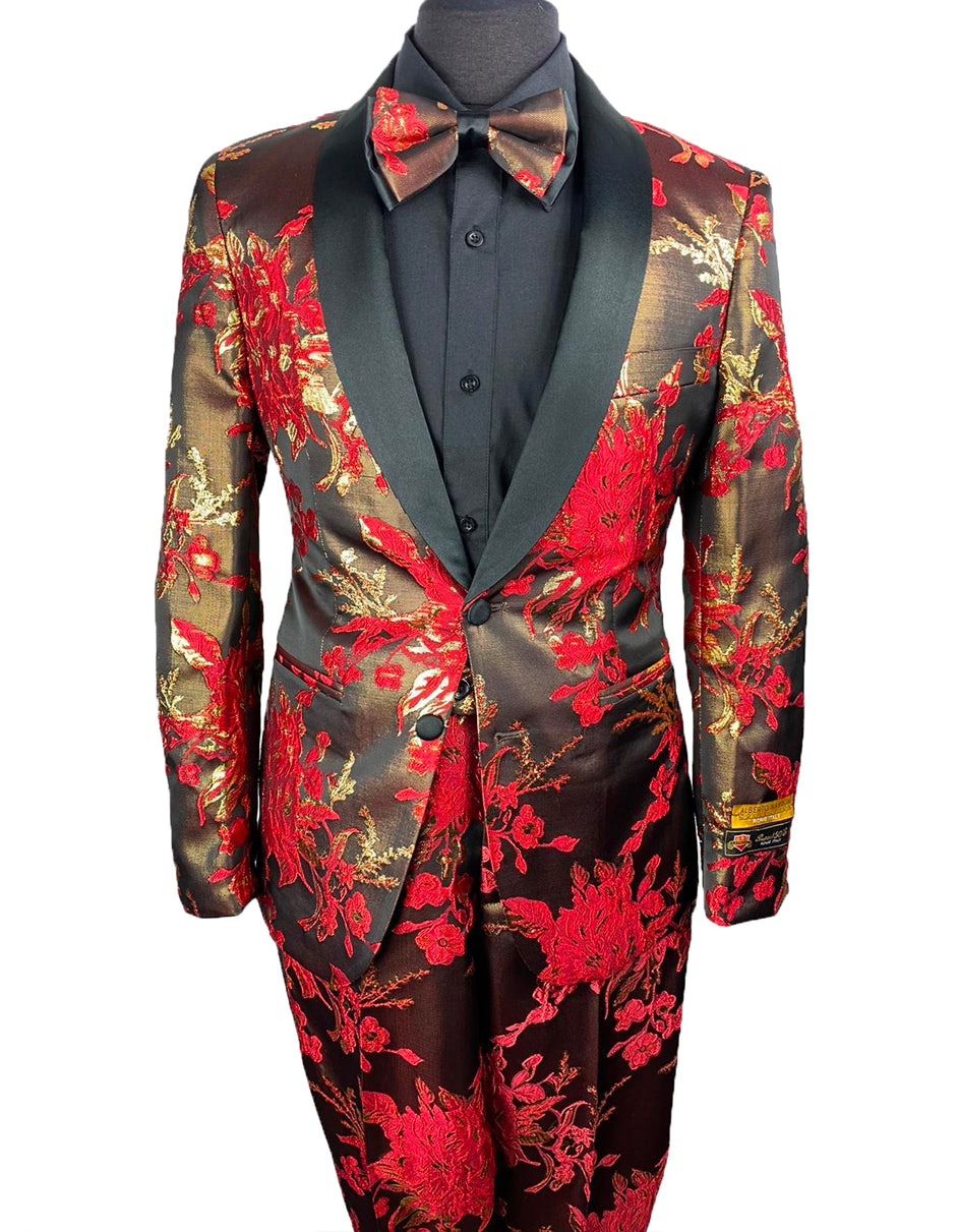 Mens Floral Prom Tuxedo in Red & Gold Package w/ Matching Pants & Bowtie