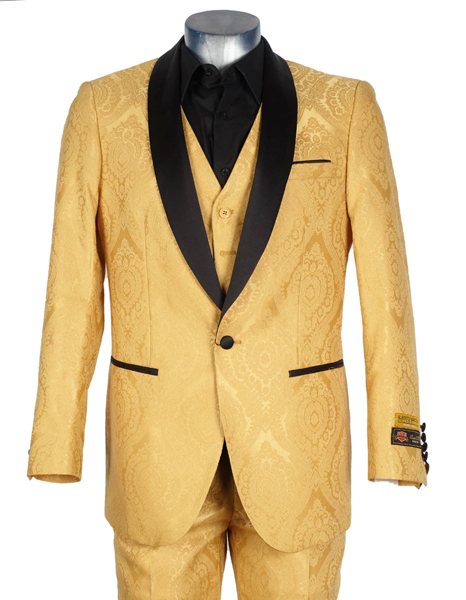 Mens Vested Slim Fit Paisley Brocade Shawl Prom Tuxedo in Gold