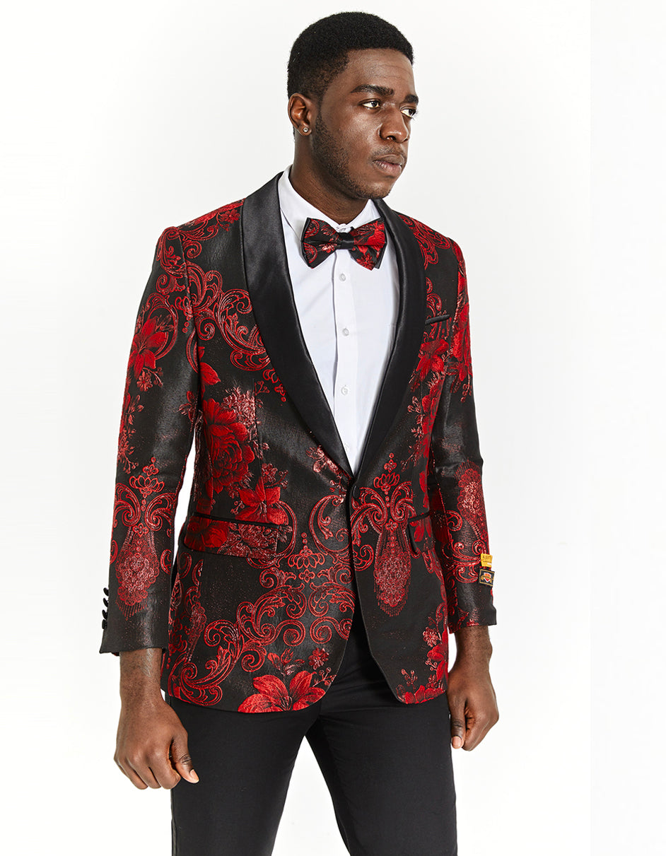 Mens Black & Red Paisley Floral Prom Tuxedo Dinner Jacket