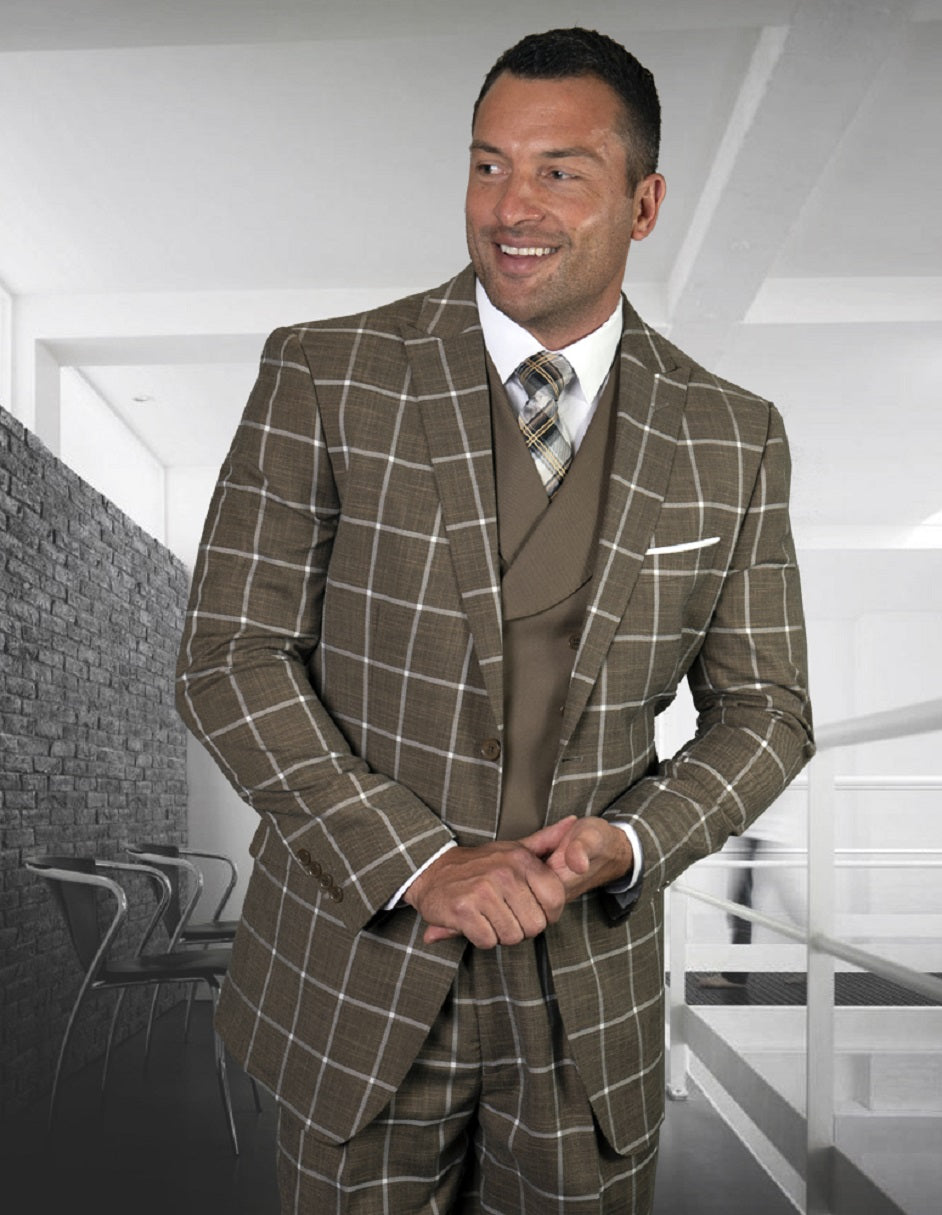 Mens 2 Button Wide Peak Lapel Suit with Double Breasted Shawl Lapel Vest in Bronze Windowpane