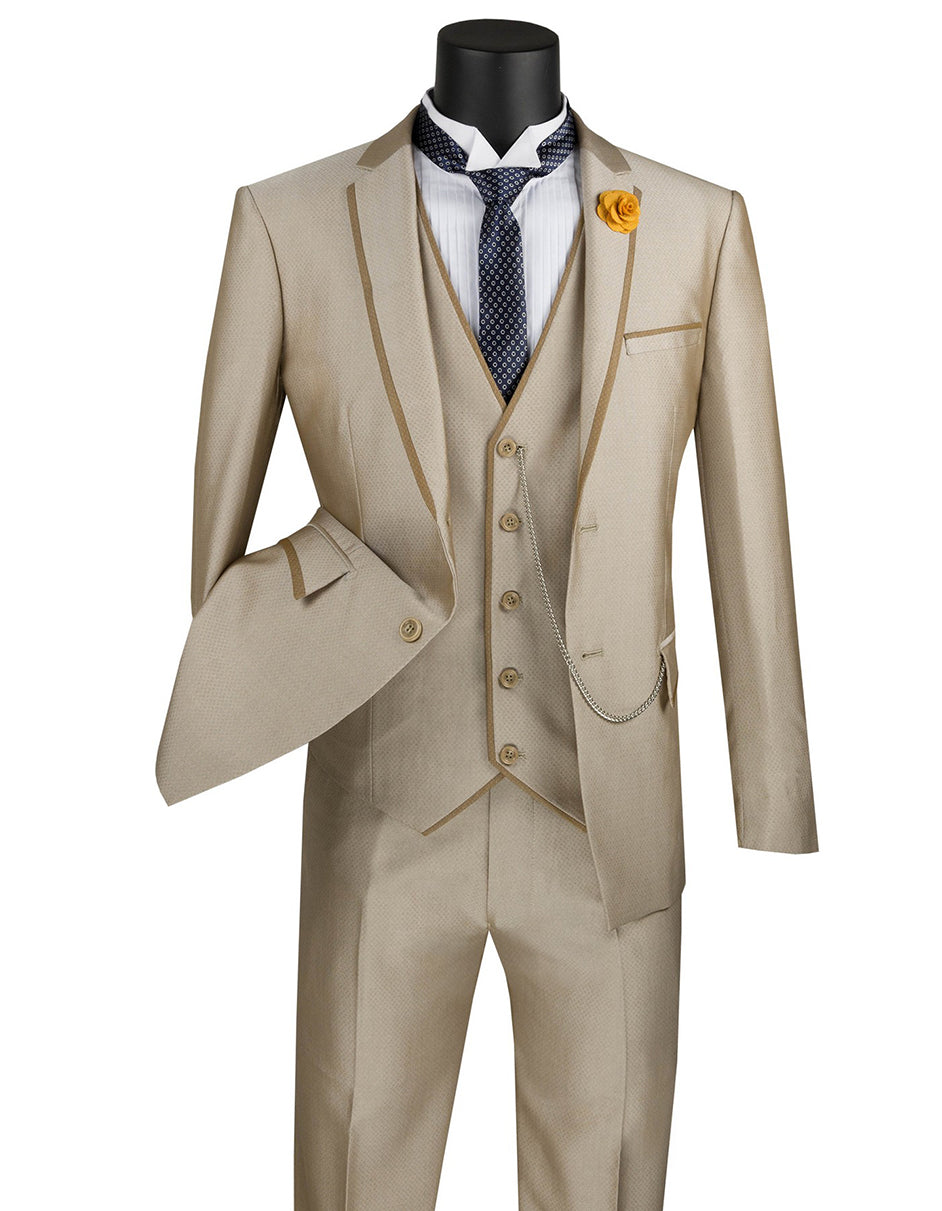 Mens Ultra Slim Fit Sharkskin Tuxedo with Satin Trim in Taupe