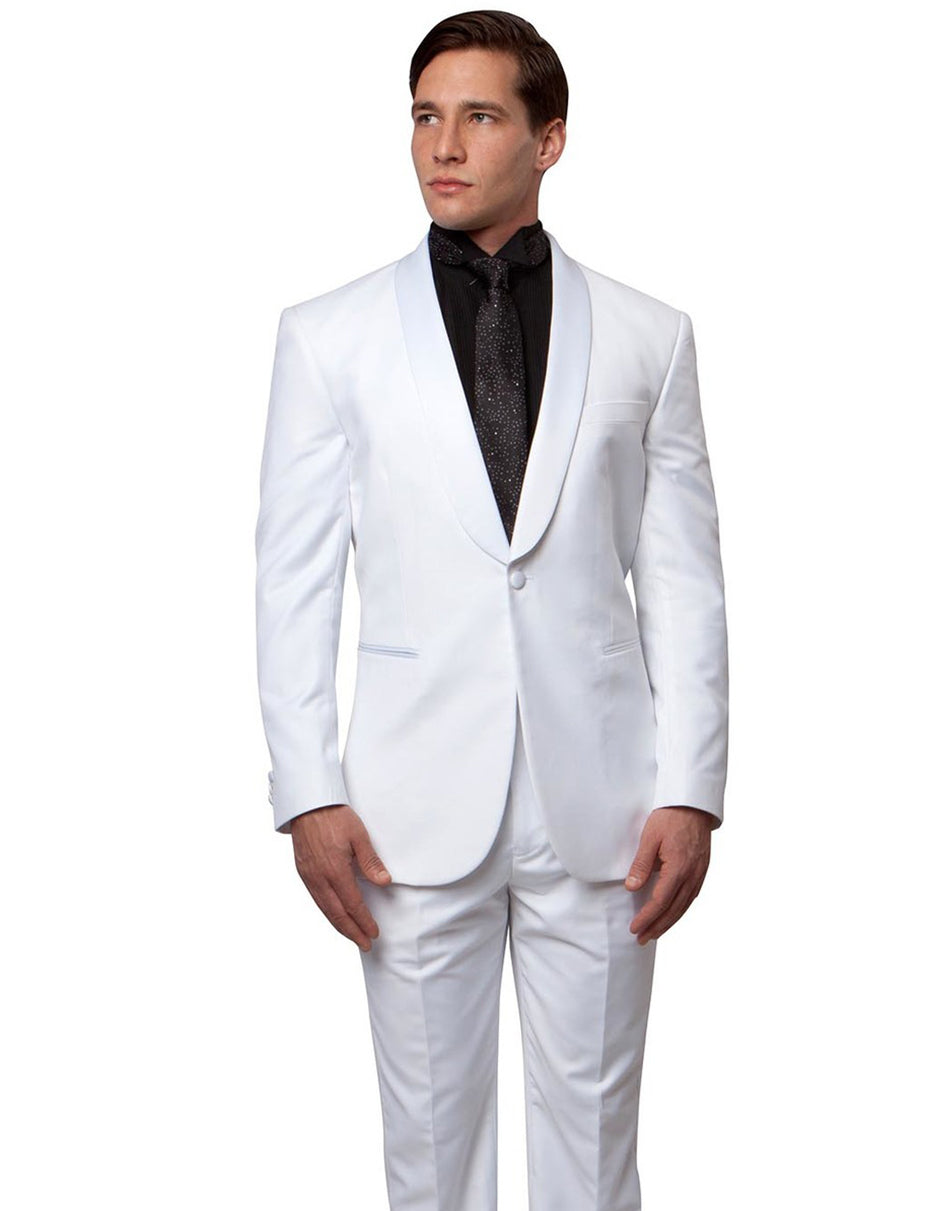 Mens Slim Fit Wool Shawl Tuxedo in White