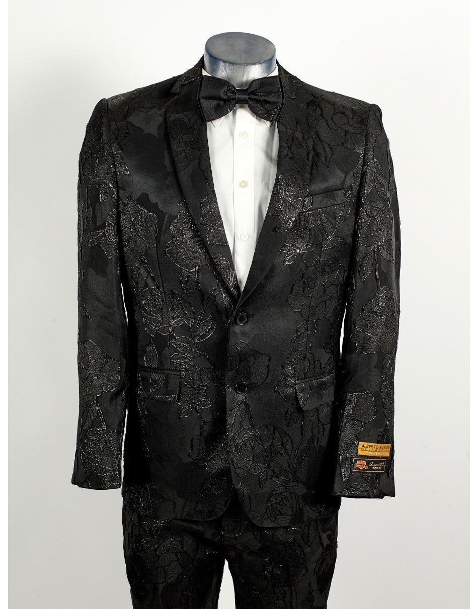 Mens 2 Button Shiny Black on Black Floral Paisley Prom & Wedding Tuxed