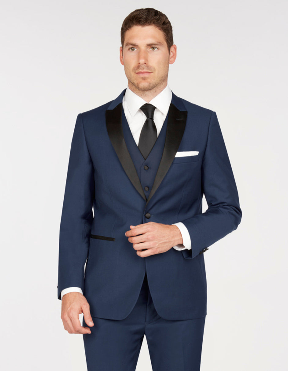 Mens Vested One Button Peak Lapel Tuxedo in Navy Blue