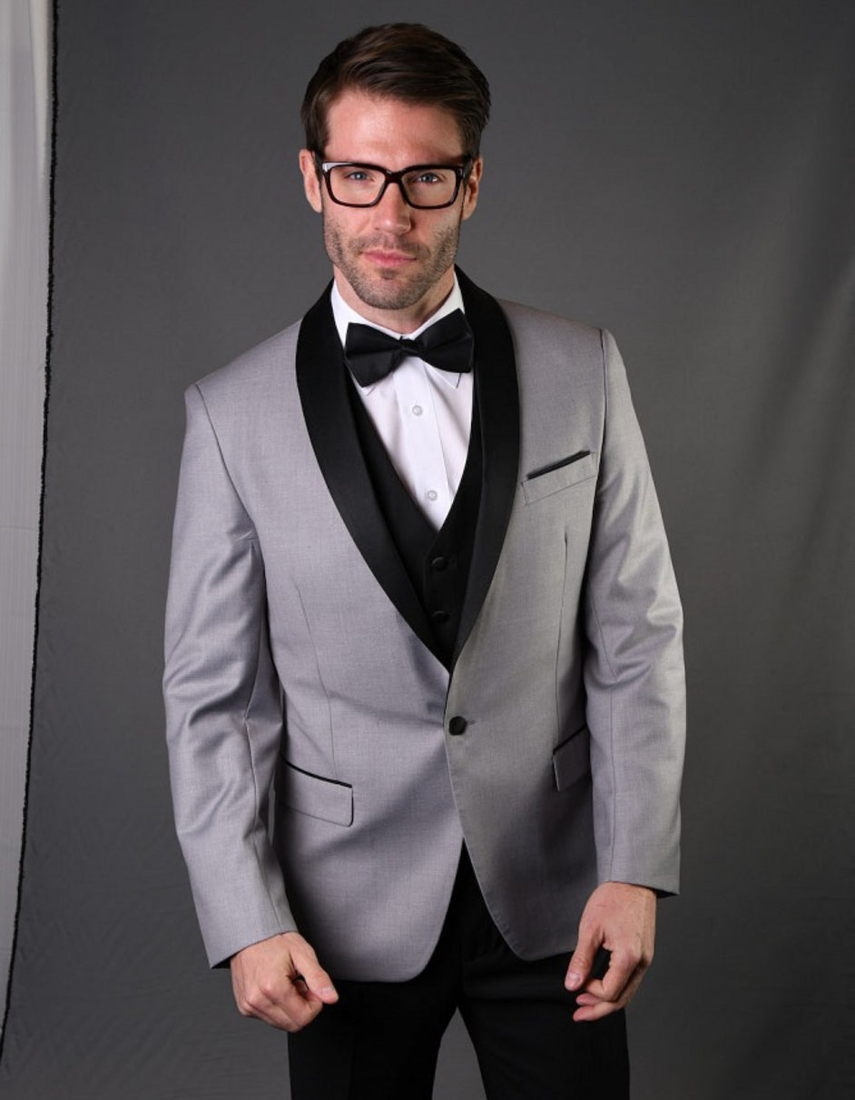 Mens 1 Button Shawl Lapel Wool Dinner Jacket in Light Grey