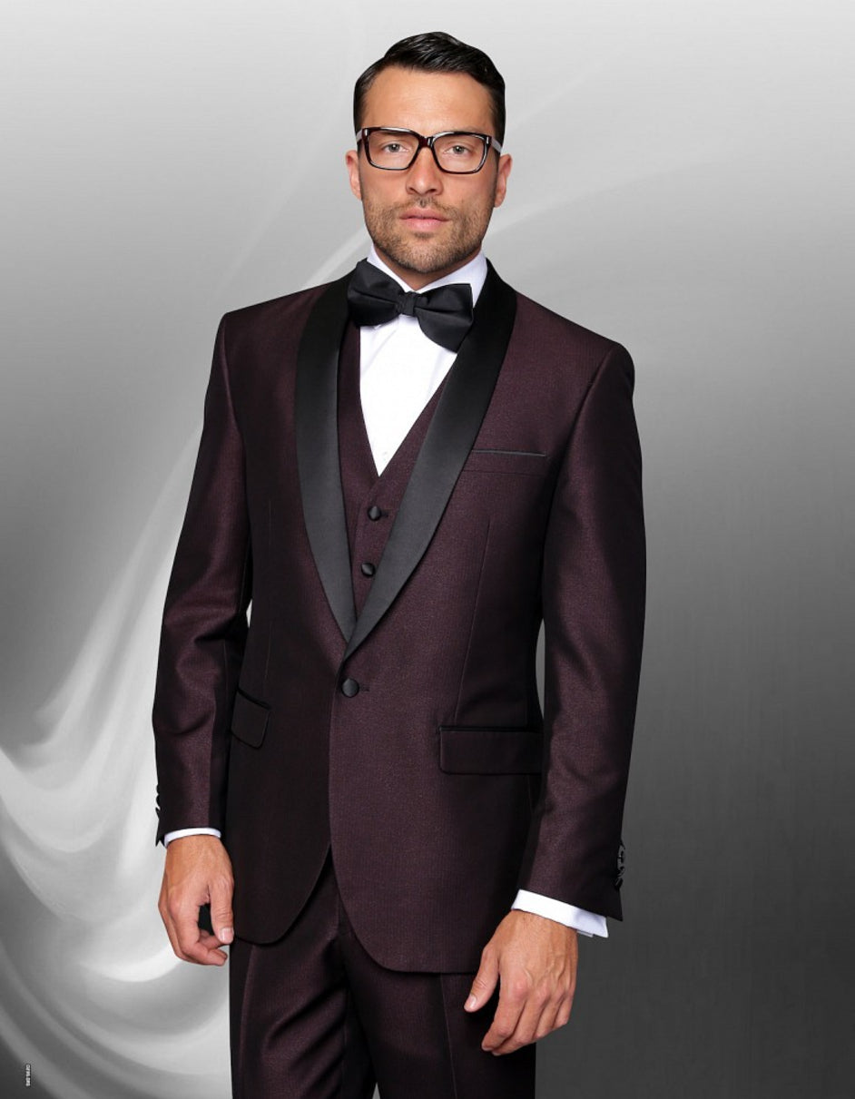 Mens 1 Button Shawl Lapel Vested Wool Wedding | Prom Tuxedo in Burgund ...